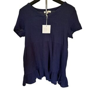 beachlunchlounge Women Navy Blue Carey Short Sleeve Ruffle‎ Hem Tunic Top Size S